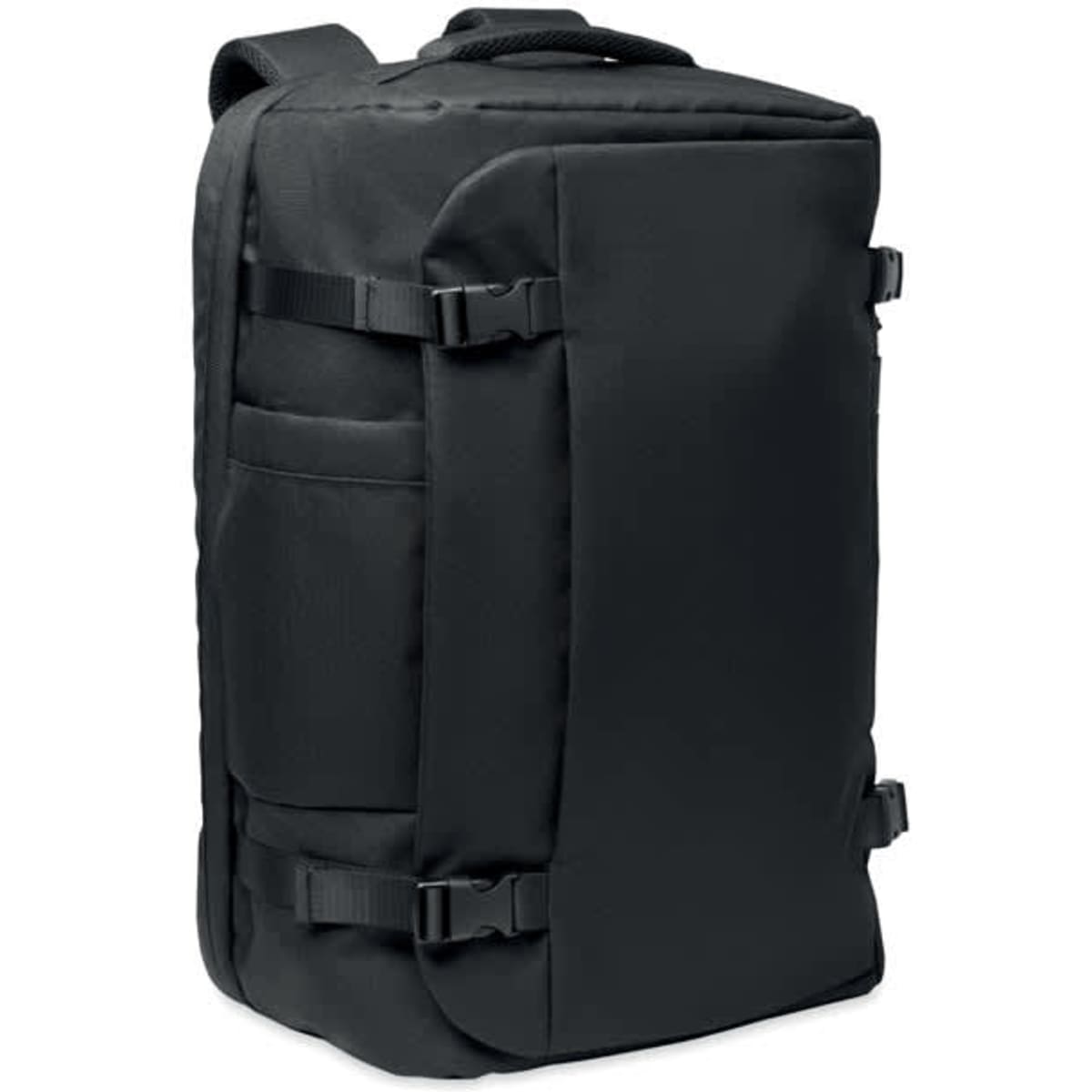 A black backpack featuring multiple compartments and adjustable straps, with a logo on the side.
