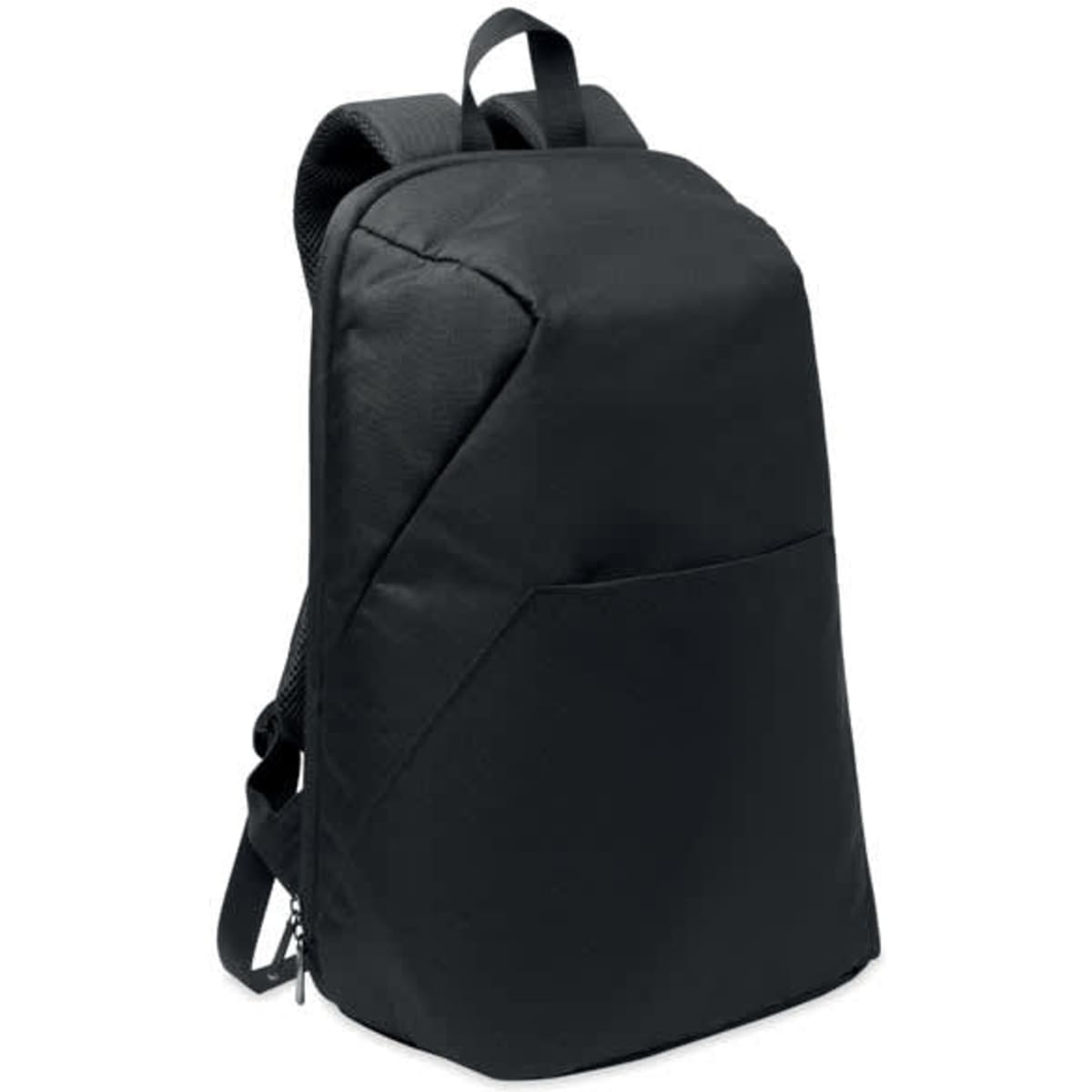 A black backpack featuring a sleek design and a front pocket, with adjustable shoulder straps.