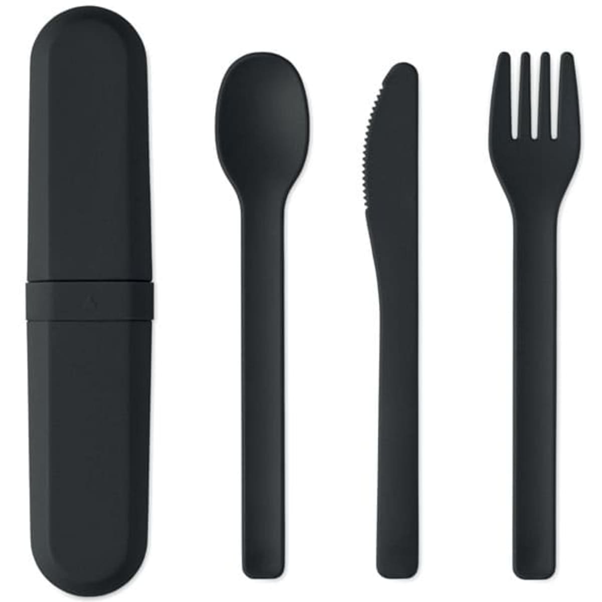 A cutlery set in black, including a fork, knife, spoon, and a storage case.