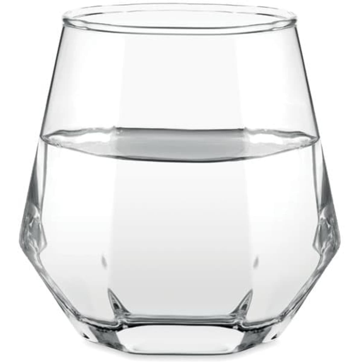A clear glass with a geometric shape filled with water. The glass has a smooth, polished surface.
