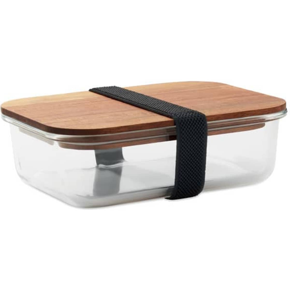 A glass lunchbox with a wooden lid secured by a black elastic strap. The container is rectangular in shape.