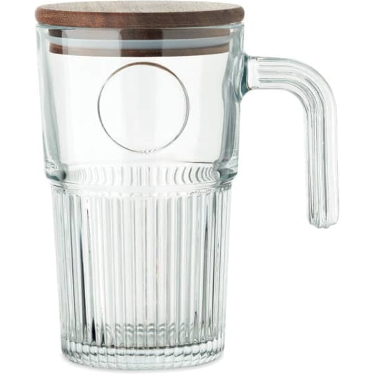 A drink bottle in clear glass with a ribbed design and a wooden lid. It features a handle and a circular opening.