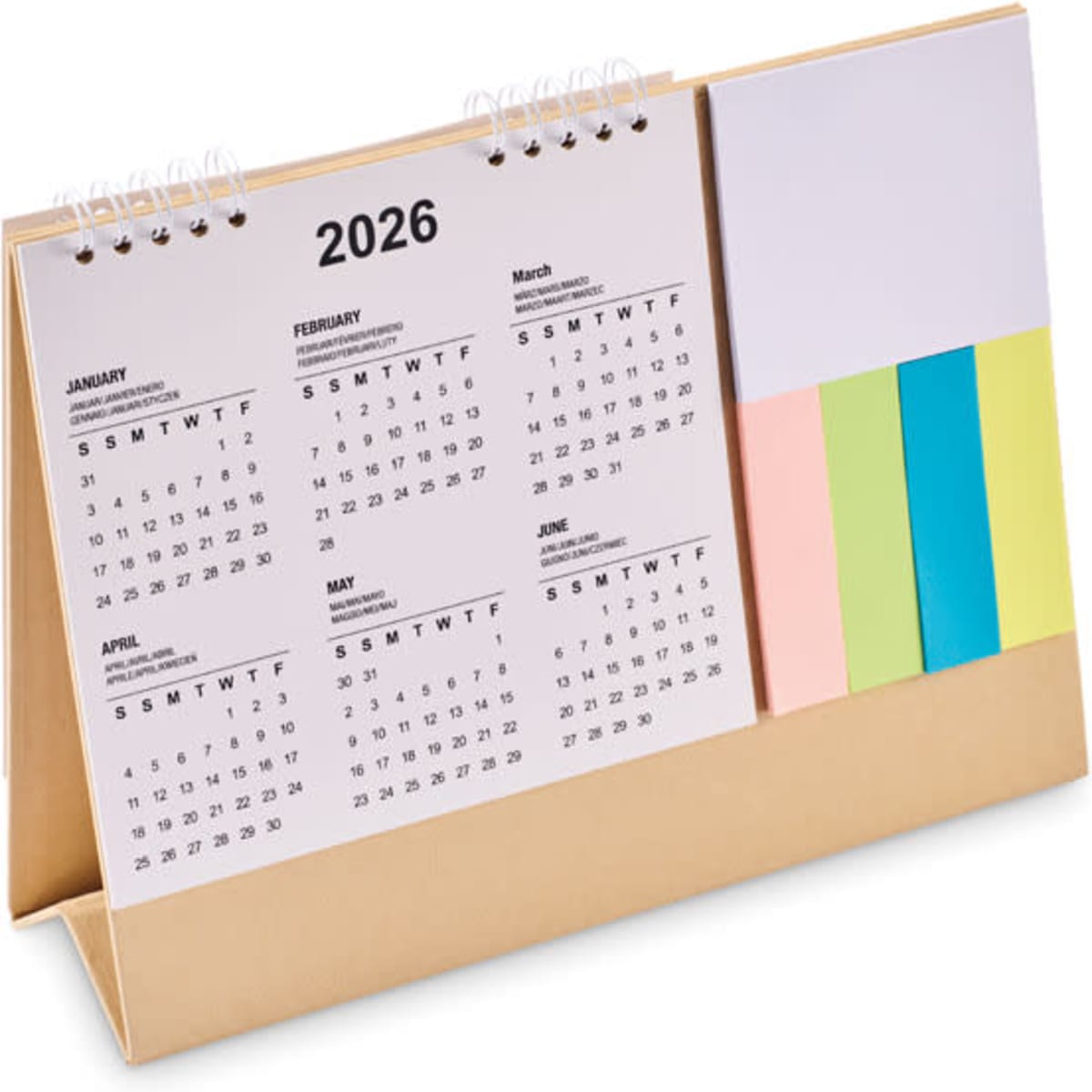 A desk calendar with monthly views for 2026, featuring a tan stand and colourful sticky notes. It has a logo.