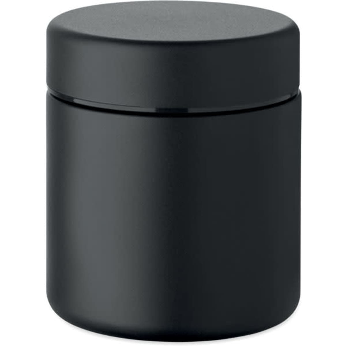A black container with a round lid, featuring a smooth, matte finish and a minimalist design.