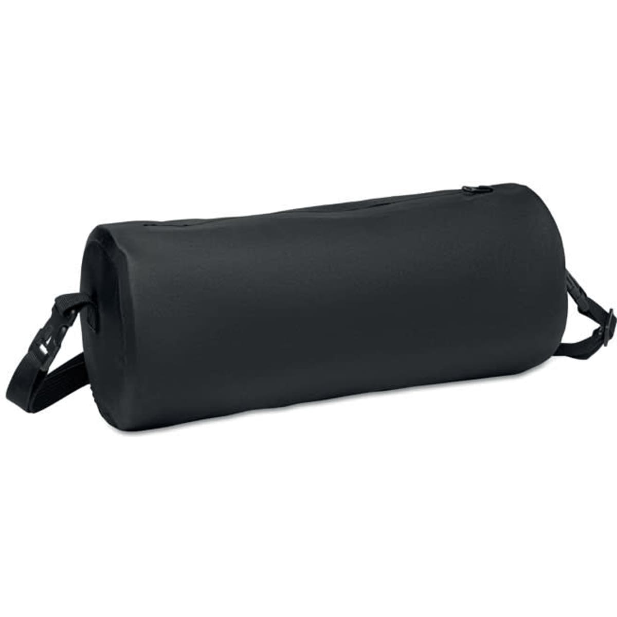 A black cylindrical bag with a zippered opening and adjustable straps. It features a logo on the side.