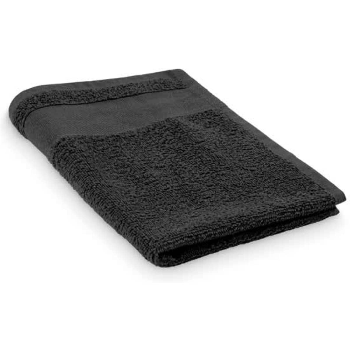 A black towel folded neatly, featuring a textured surface and a smooth border. It has a simple, elegant design.