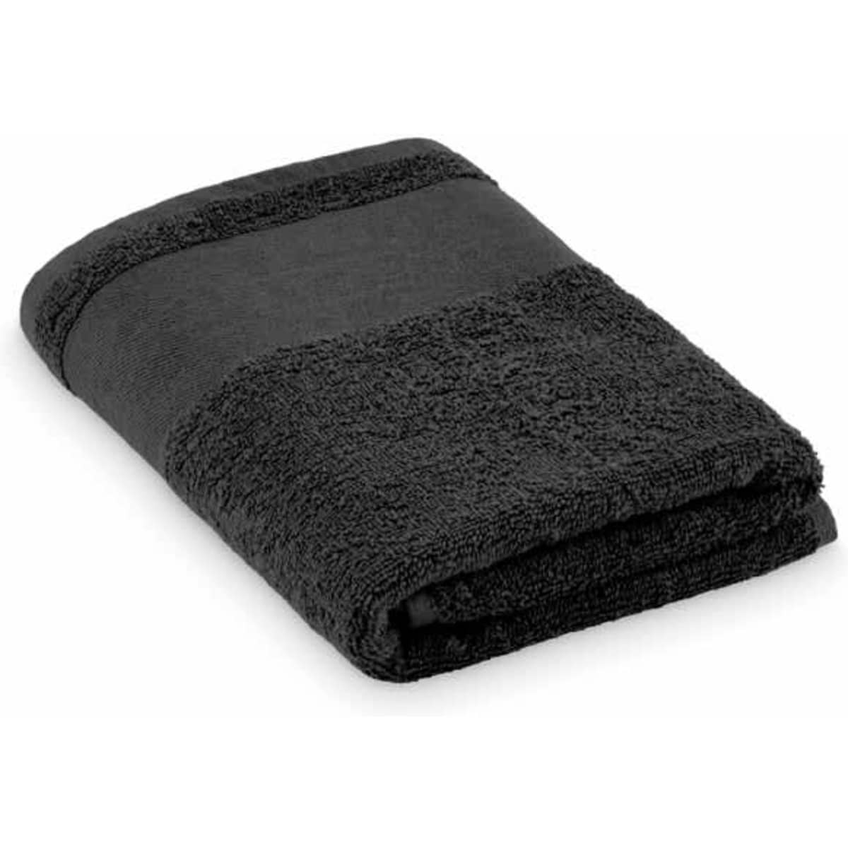 A folded black towel featuring a textured band and smooth surface, showcasing a soft, luxurious appearance.