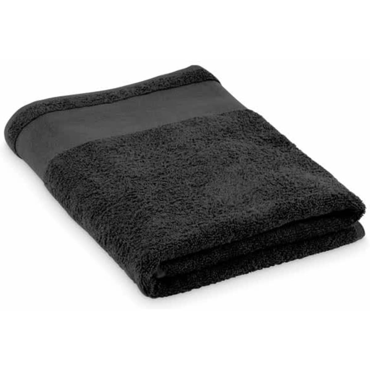 A black towel neatly folded, featuring a soft texture and a smooth section. It has a simple design with minimal branding.