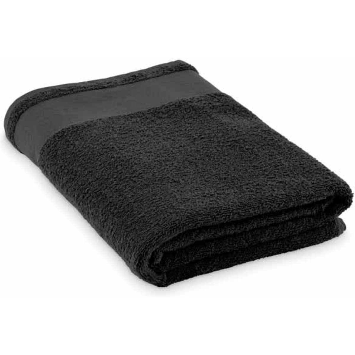 A folded black towel with a textured surface and a contrasting band along one edge. It features a simple design.
