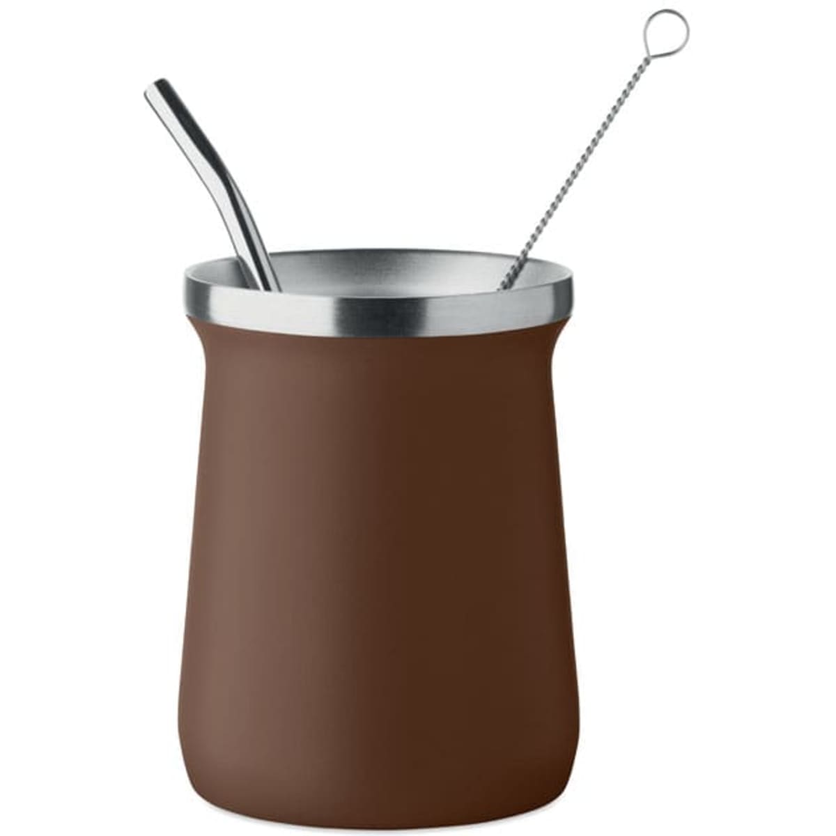 A drink bottle in a brown silicone exterior with a stainless steel rim and straw, accompanied by a stirring rod.
