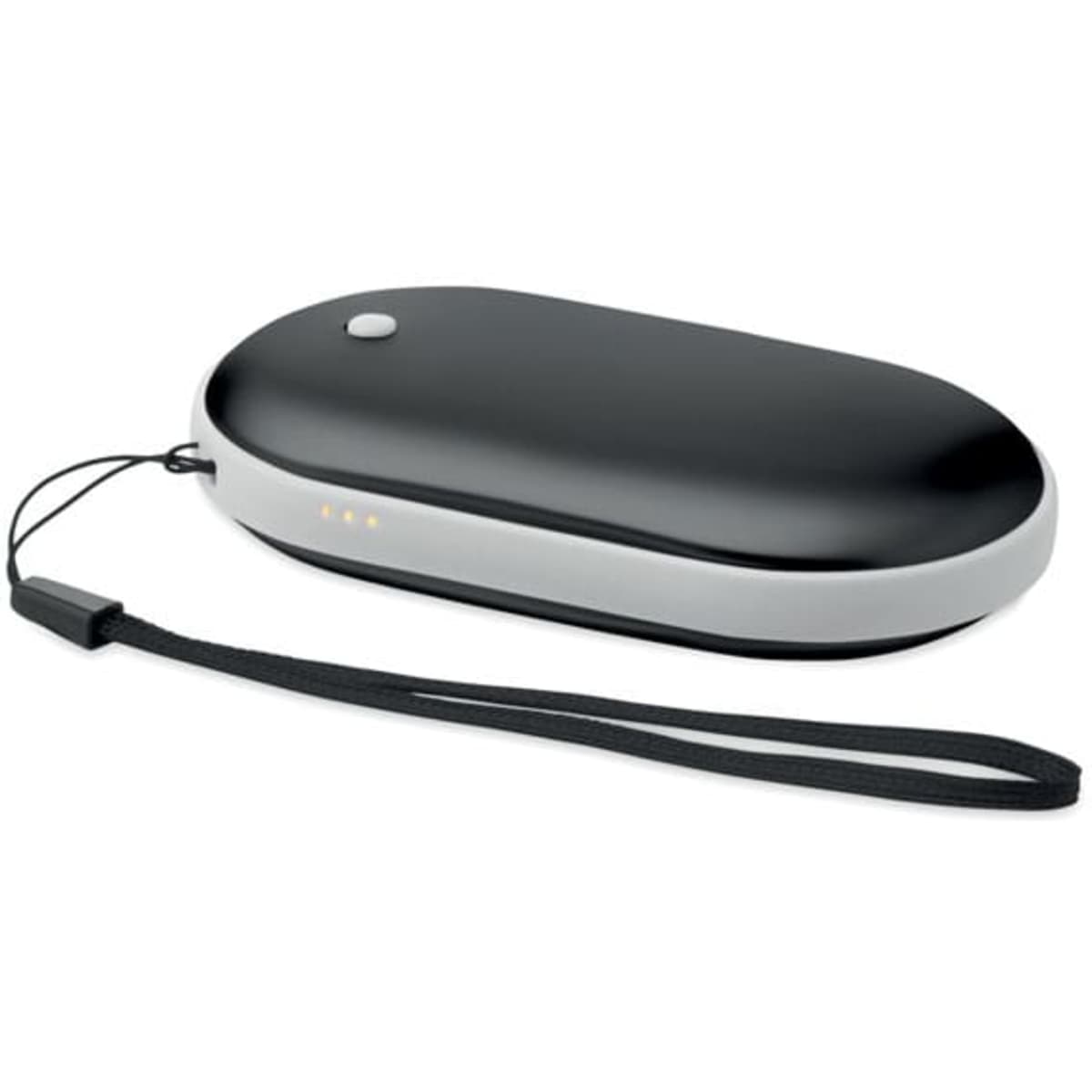 A sleek black and grey travel case with a wrist strap and an indicator light. It features a branding logo.