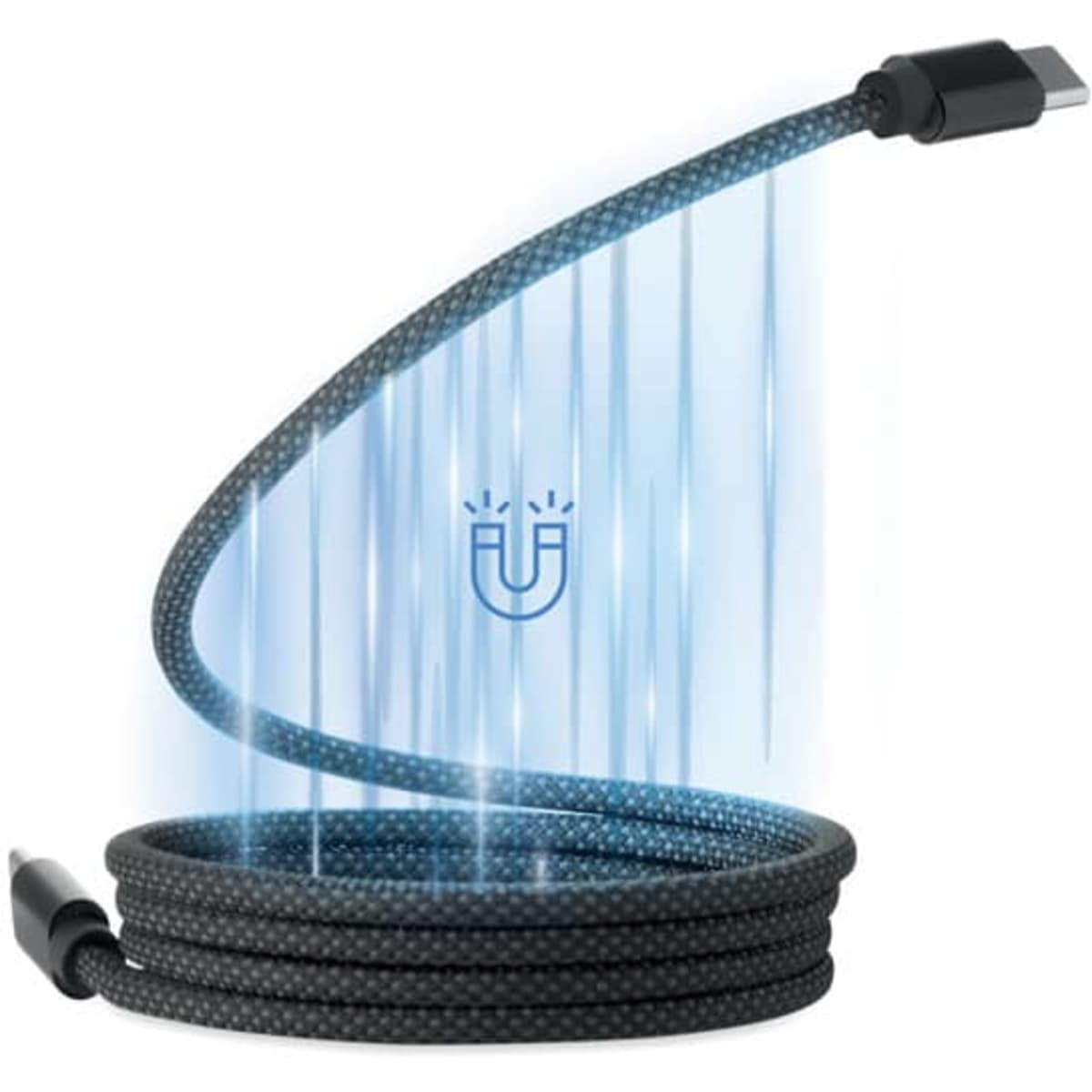 A braided charging cable in black with a USB connector at one end and a magnetic feature.