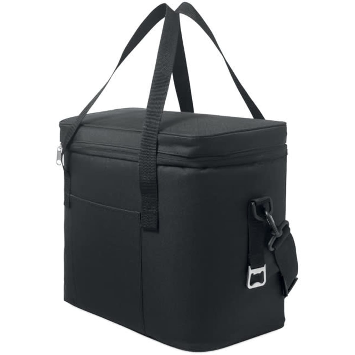 A black insulated cooler bag with a zippered top, sturdy handles, and a detachable shoulder strap.