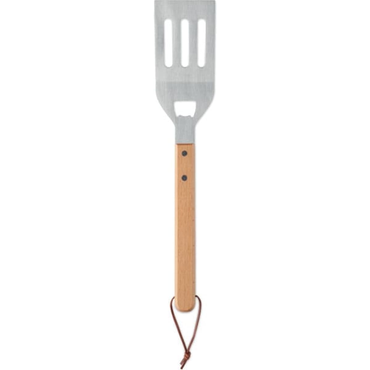 A spatula with a stainless steel head and a light wooden handle, featuring a leather loop for hanging.
