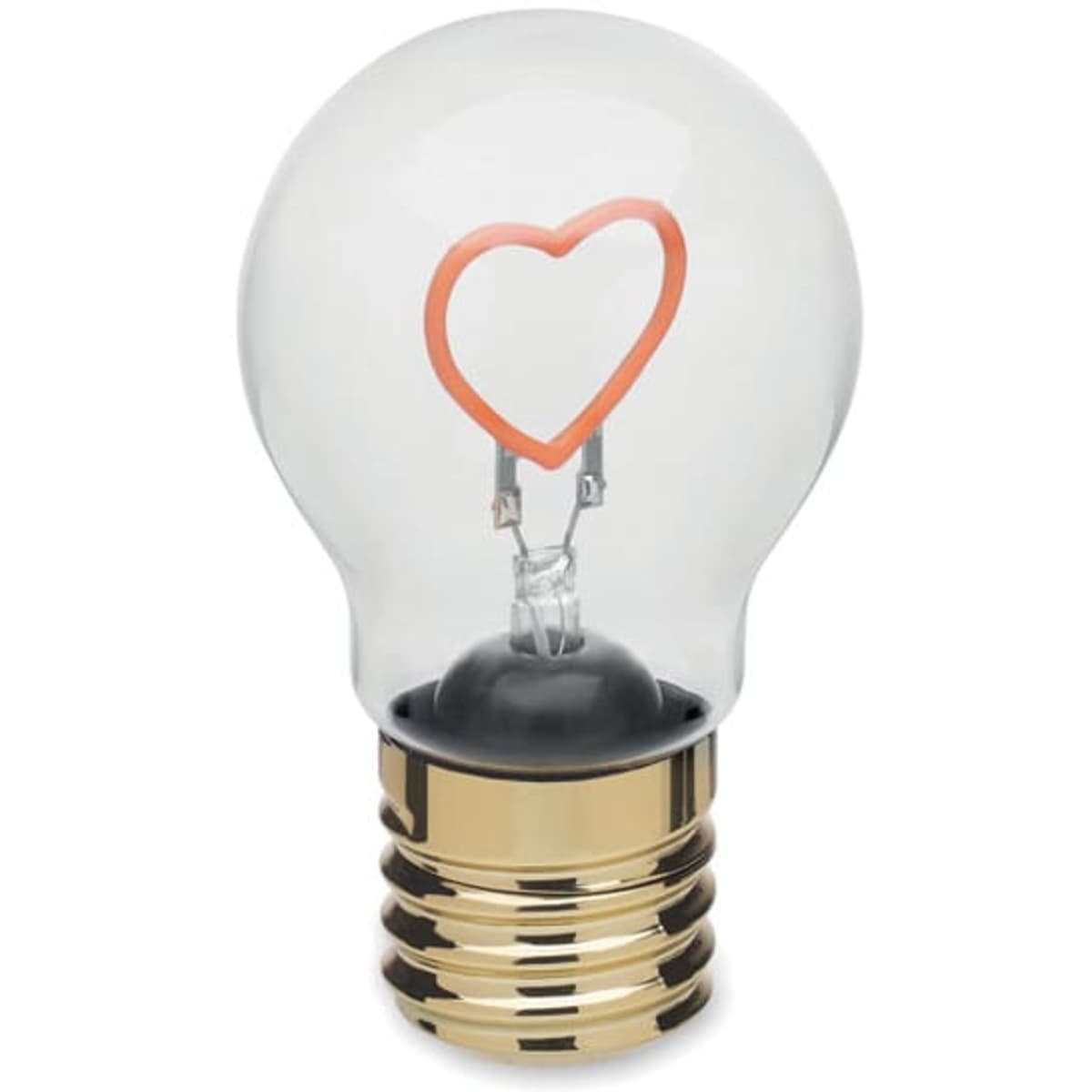 A decorative light bulb featuring a heart-shaped filament, encased in a clear glass shell with a gold base.