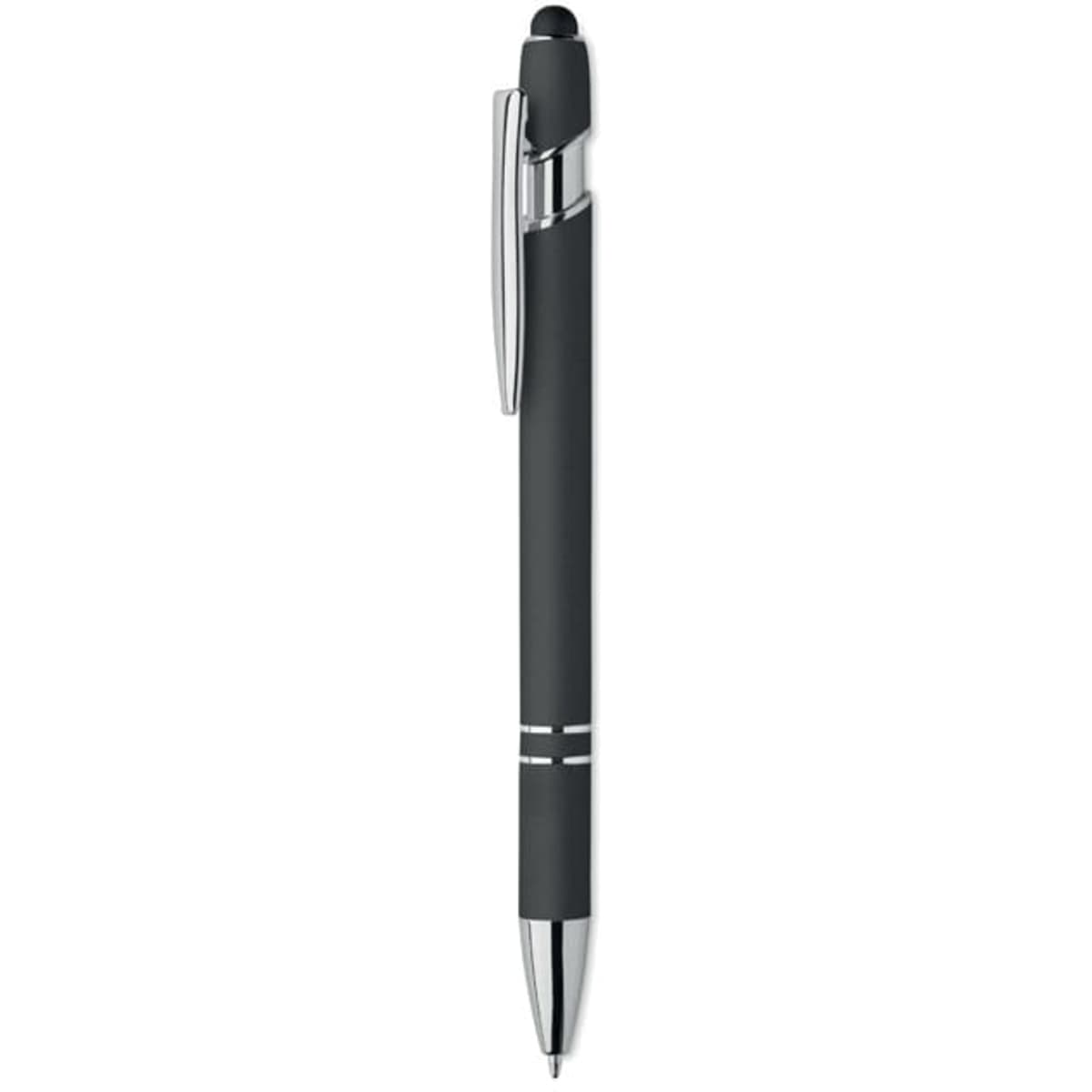 A pen with a sleek black body, chrome accents, and a stylus tip. It features a minimalist design.