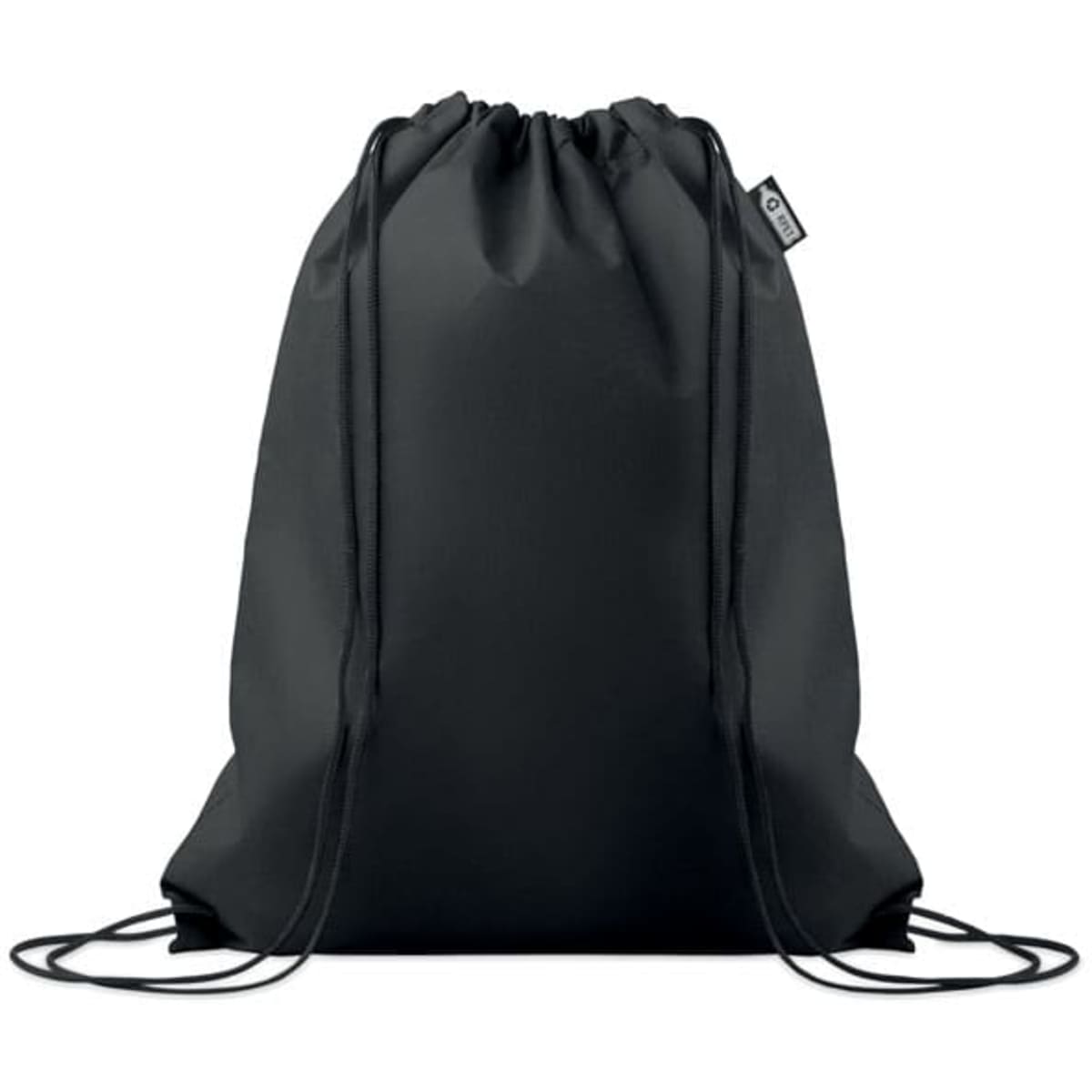 A black drawstring backpack with a simple design and adjustable straps. It features a branding label.