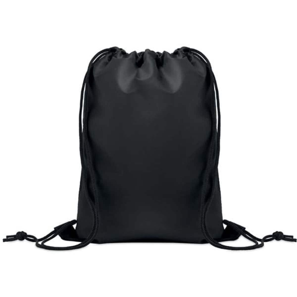 A black drawstring bag with two black cords for closure. It features a simple design with no visible branding.