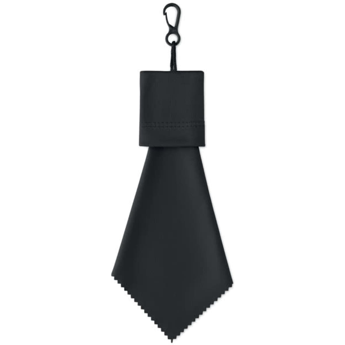 A black tie with a hook for attachment, featuring a sleek design and a pointed end.
