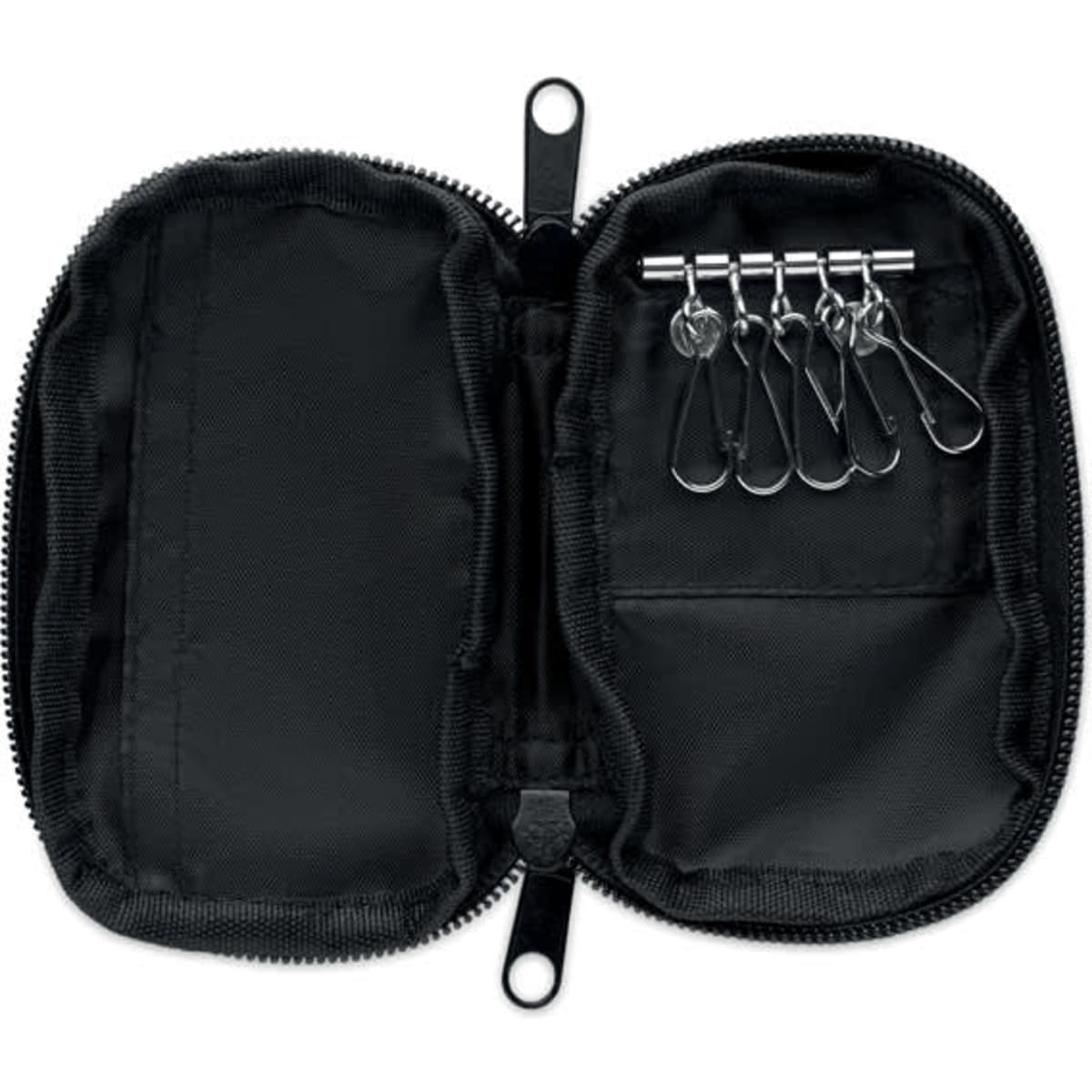 A compact black zippered pouch with multiple clips inside, designed for securing items.