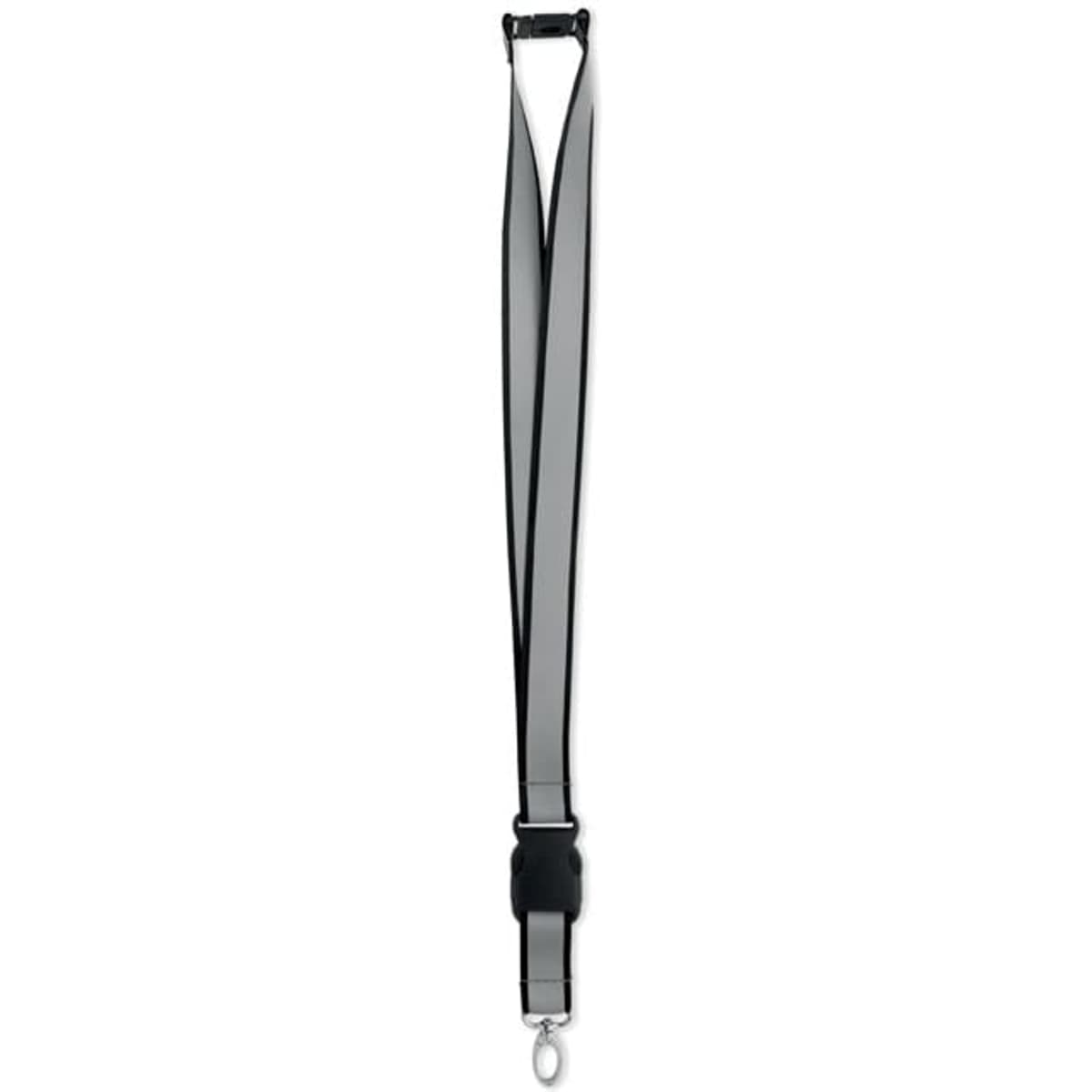 A lanyard with a grey strap and a black attachment. It features a clip for securing items.