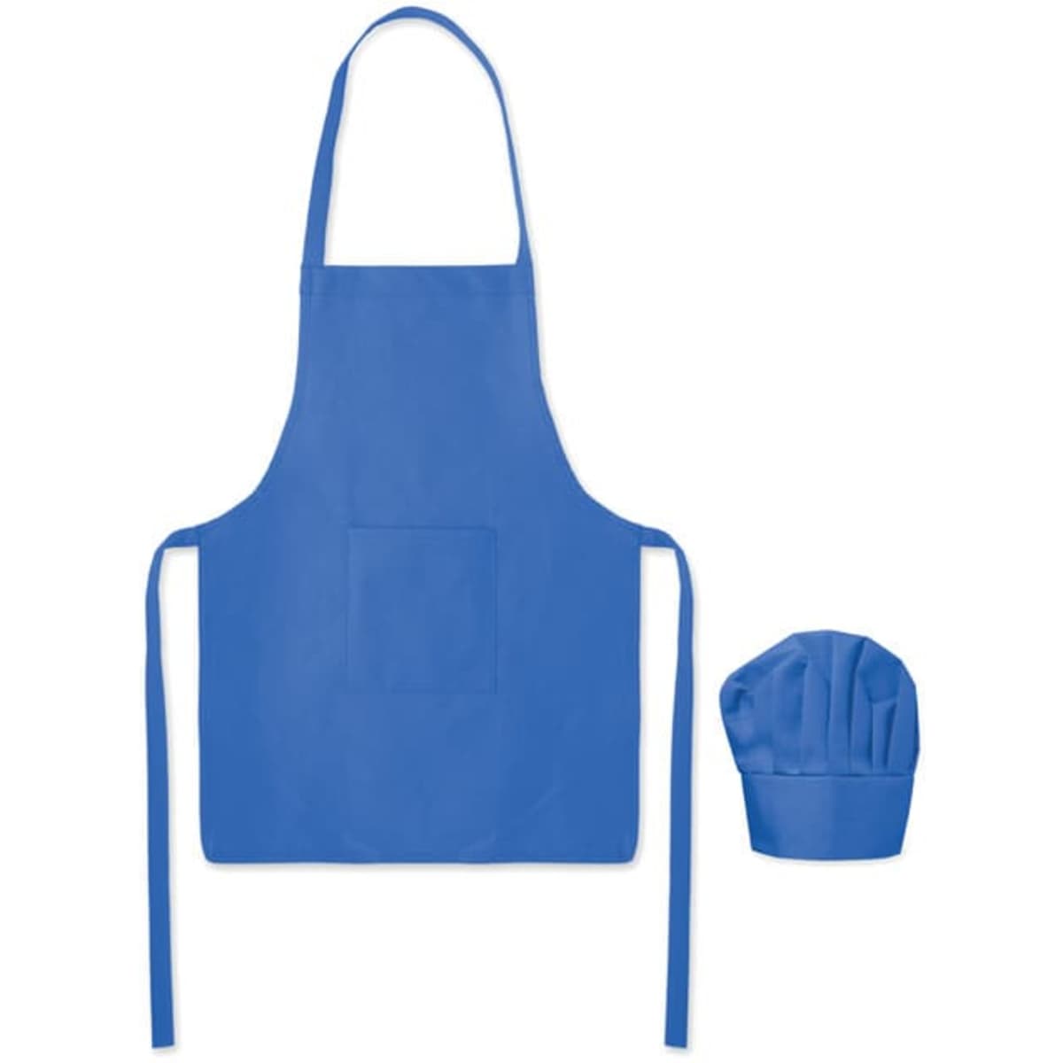 A blue apron with ties and a matching chef's hat, featuring a front pocket. The image includes a logo.