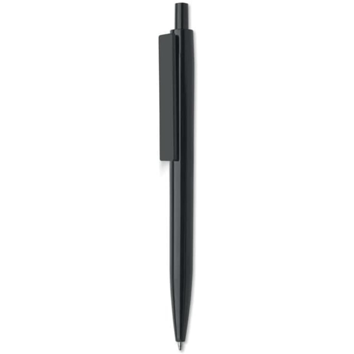 A black pen with a clip, presented in a vertical position against a light background.