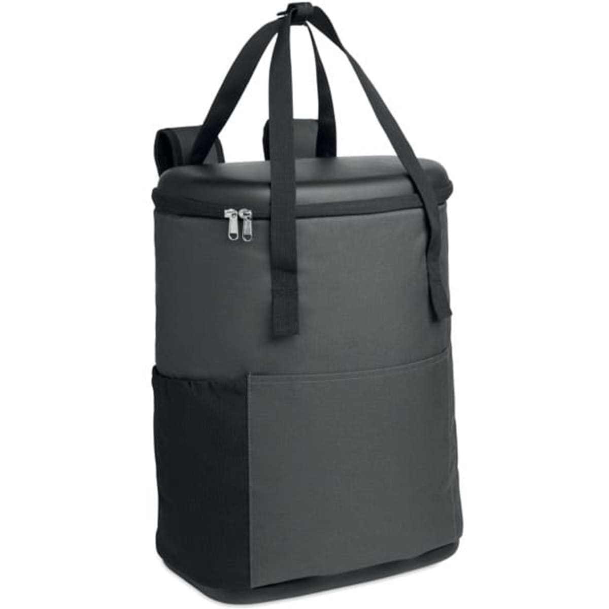 A drink bottle cooler in shades of grey with adjustable straps and a zippered top, featuring an external pocket.