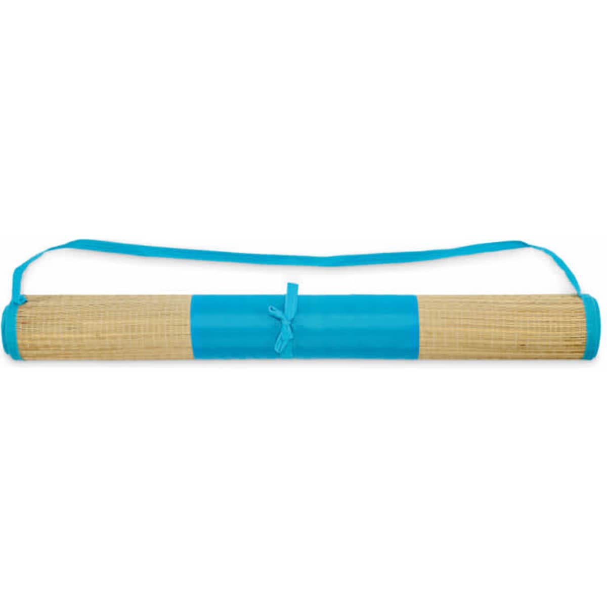 A rolled mat featuring a natural beige texture and bright blue accents, secured with a matching strap.