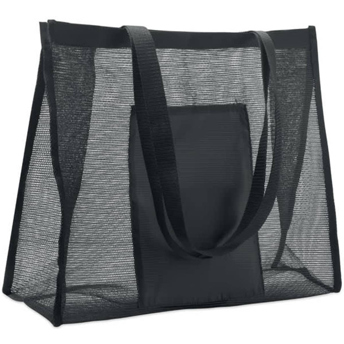 A black mesh tote bag with two straps and a spacious interior. The bag has a simple design and a sturdy structure.