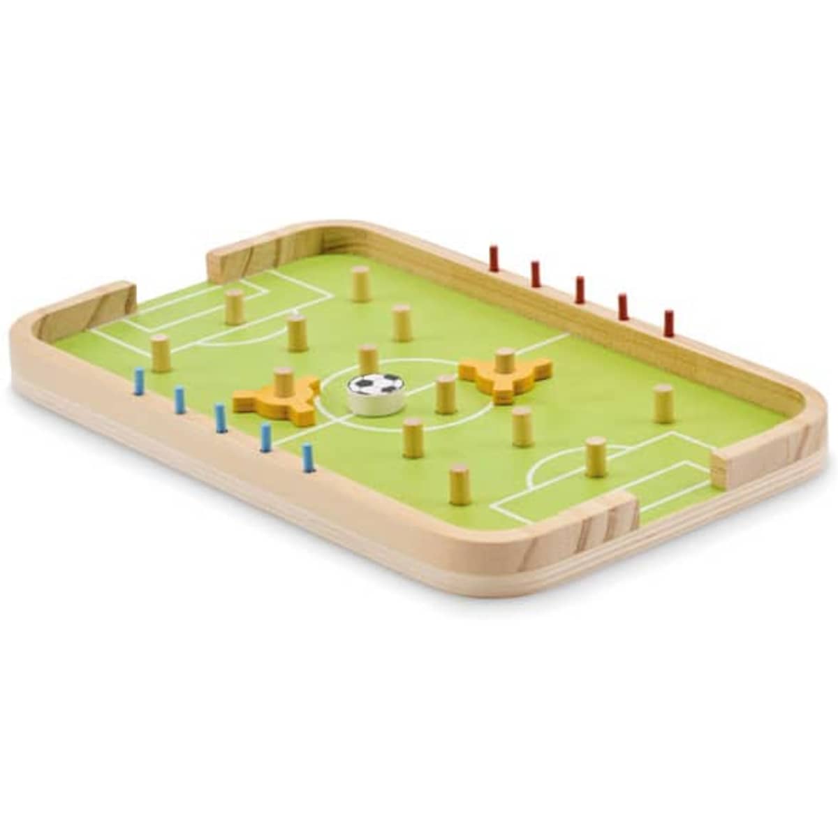A tabletop football game with a green field, wooden players in yellow, red, and blue, and a central soccer ball.