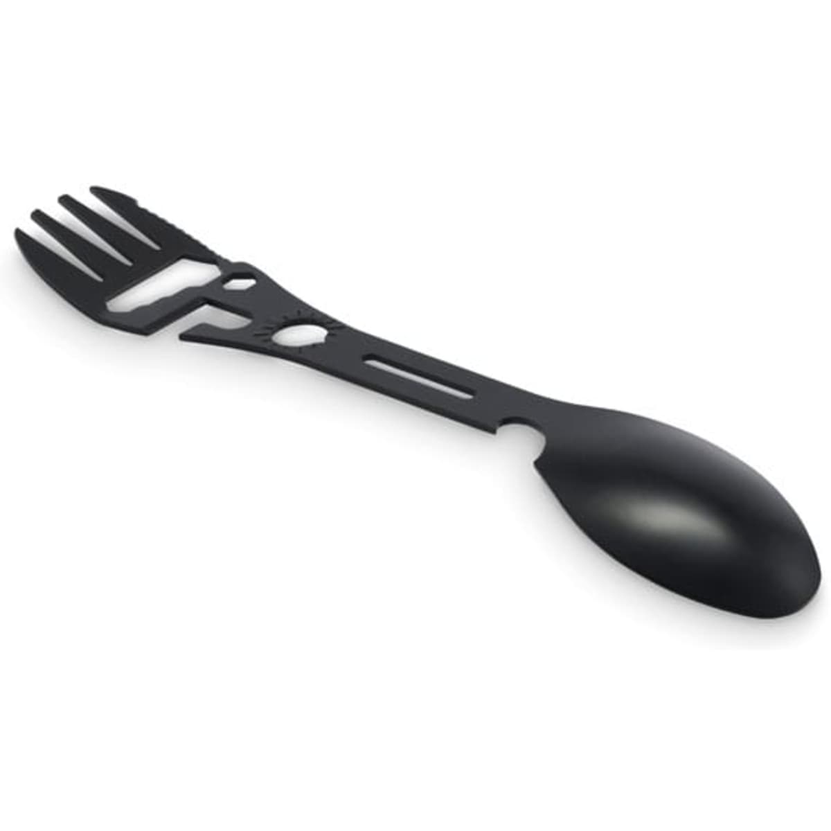 A multifunctional utensil featuring a fork, spoon, and knife design in black with a sleek, ergonomic shape.