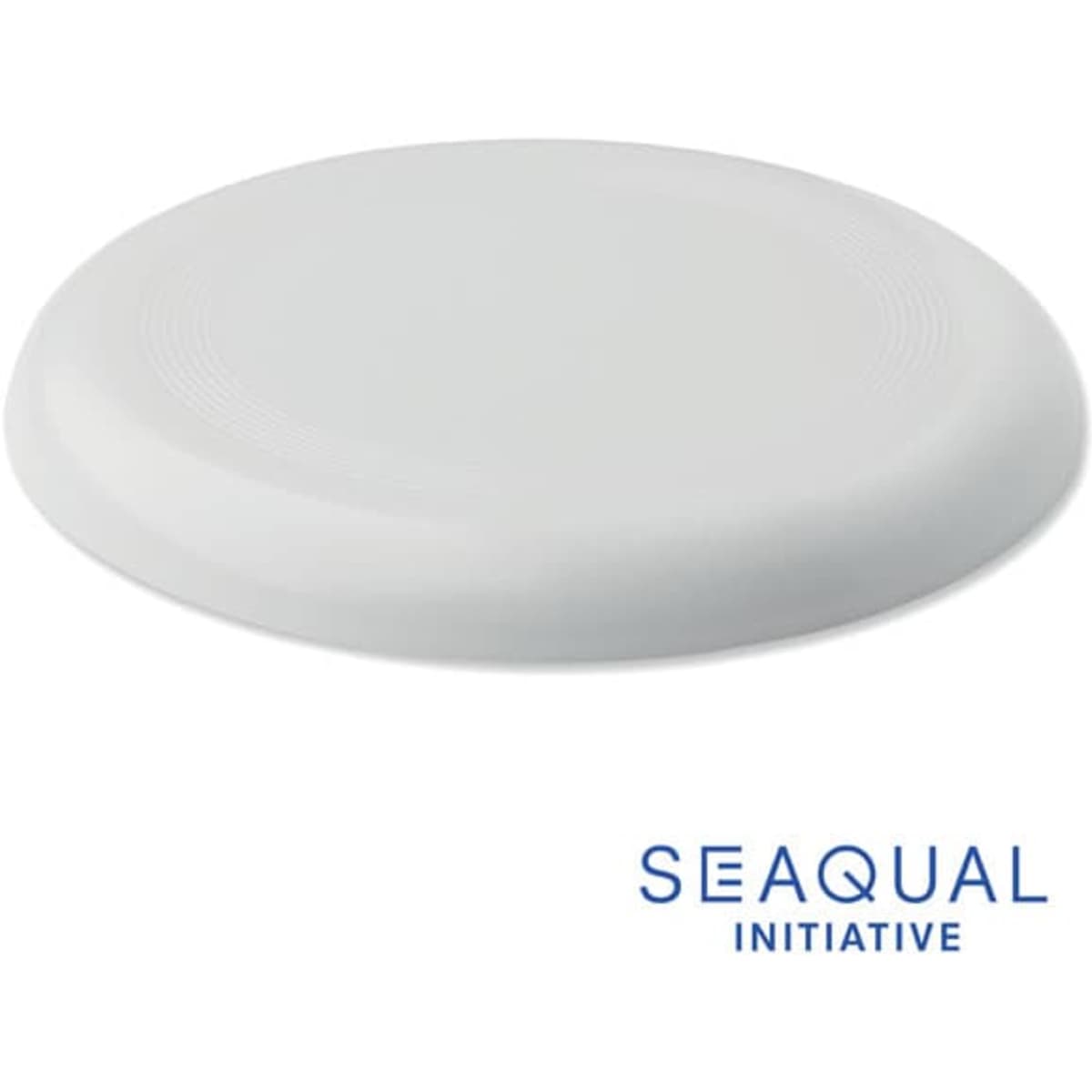 A white frisbee featuring a textured surface and a logo in the corner.