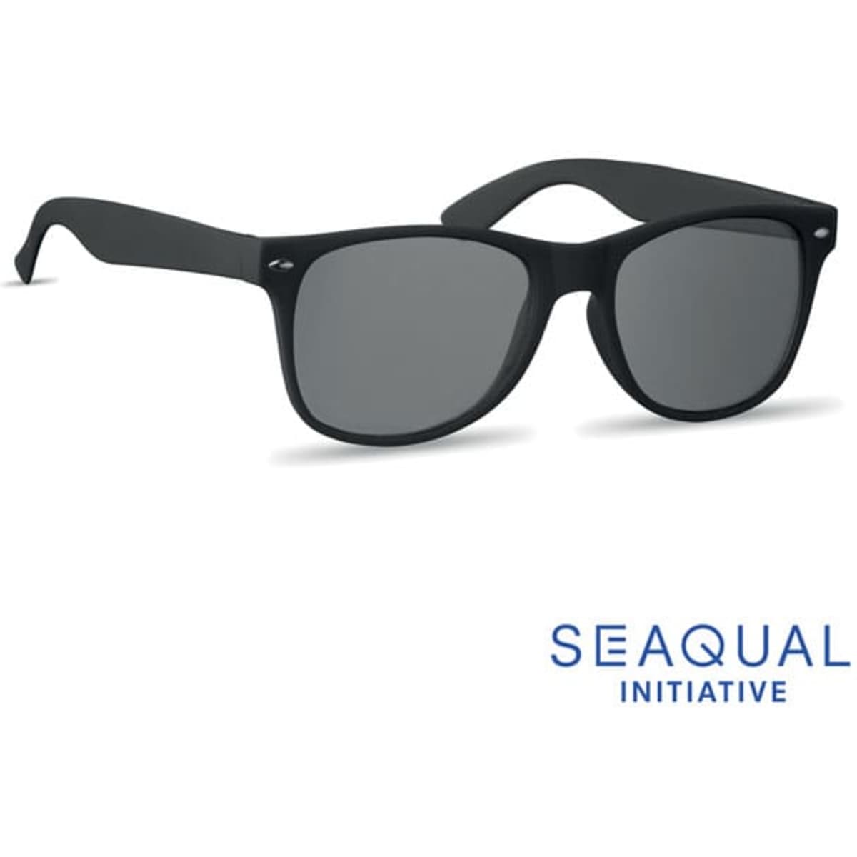 A pair of black sunglasses with dark lenses and a sleek design, featuring a logo on the side.