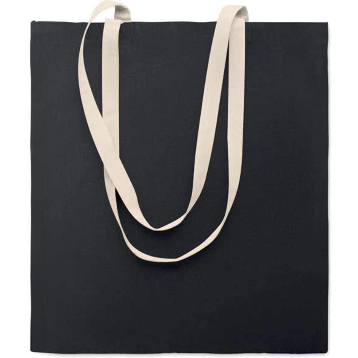 A tote bag in black with cream-coloured handles, featuring a simple, minimalist design.