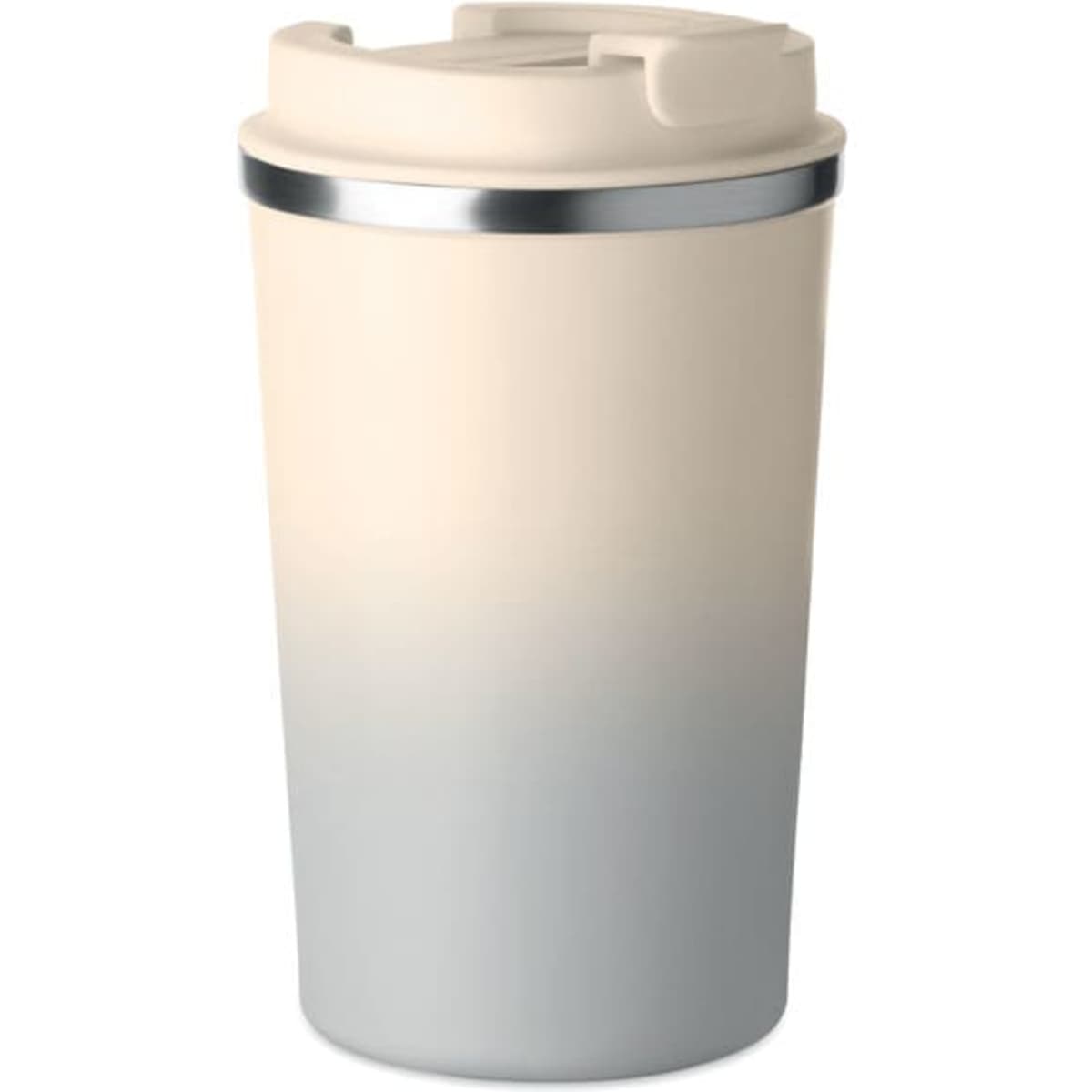 A drink bottle with a gradient from beige to grey, featuring a silver band and a plastic lid. It has a logo on the front.