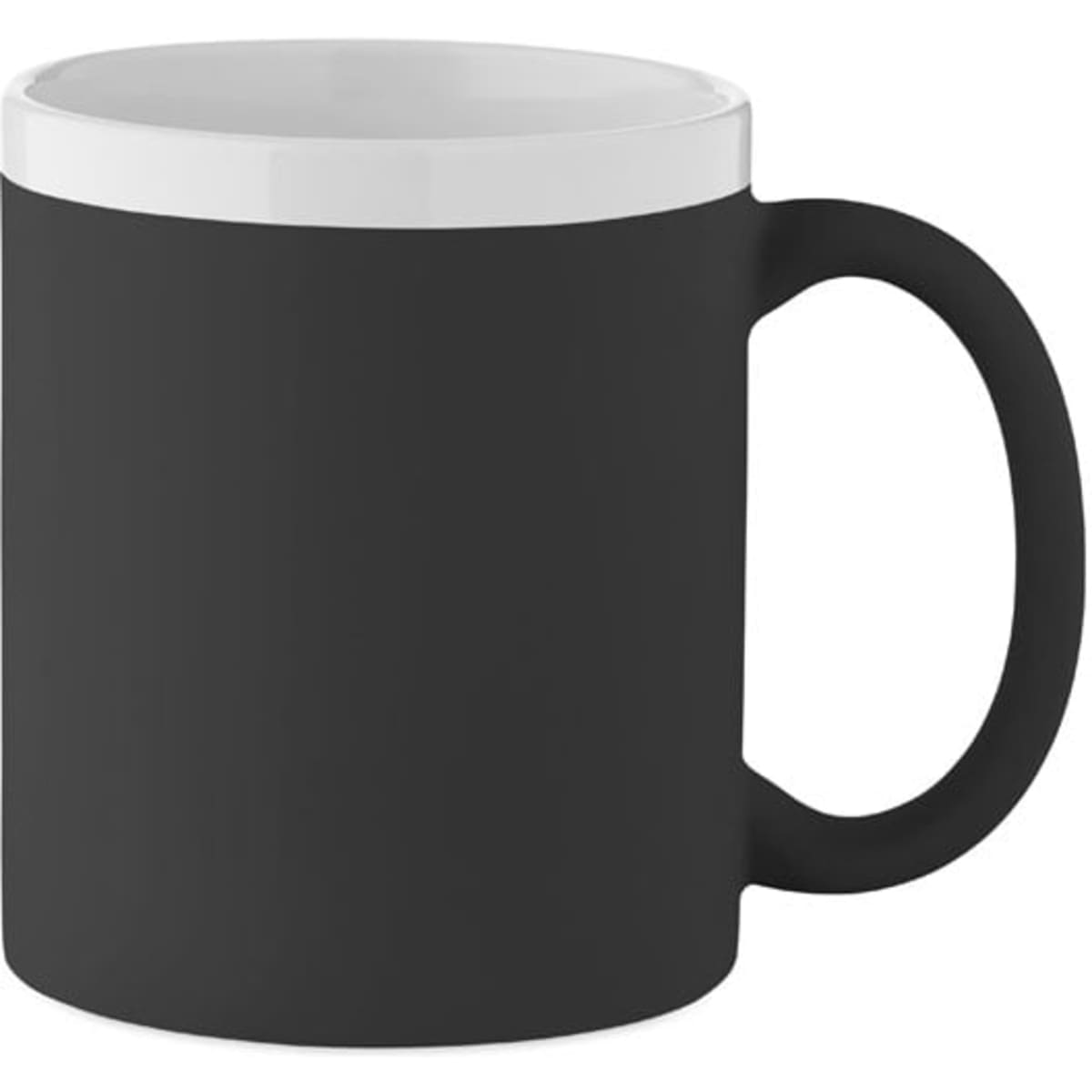 A drink bottle featuring a black exterior with a white rim, complete with a handle and a smooth finish.