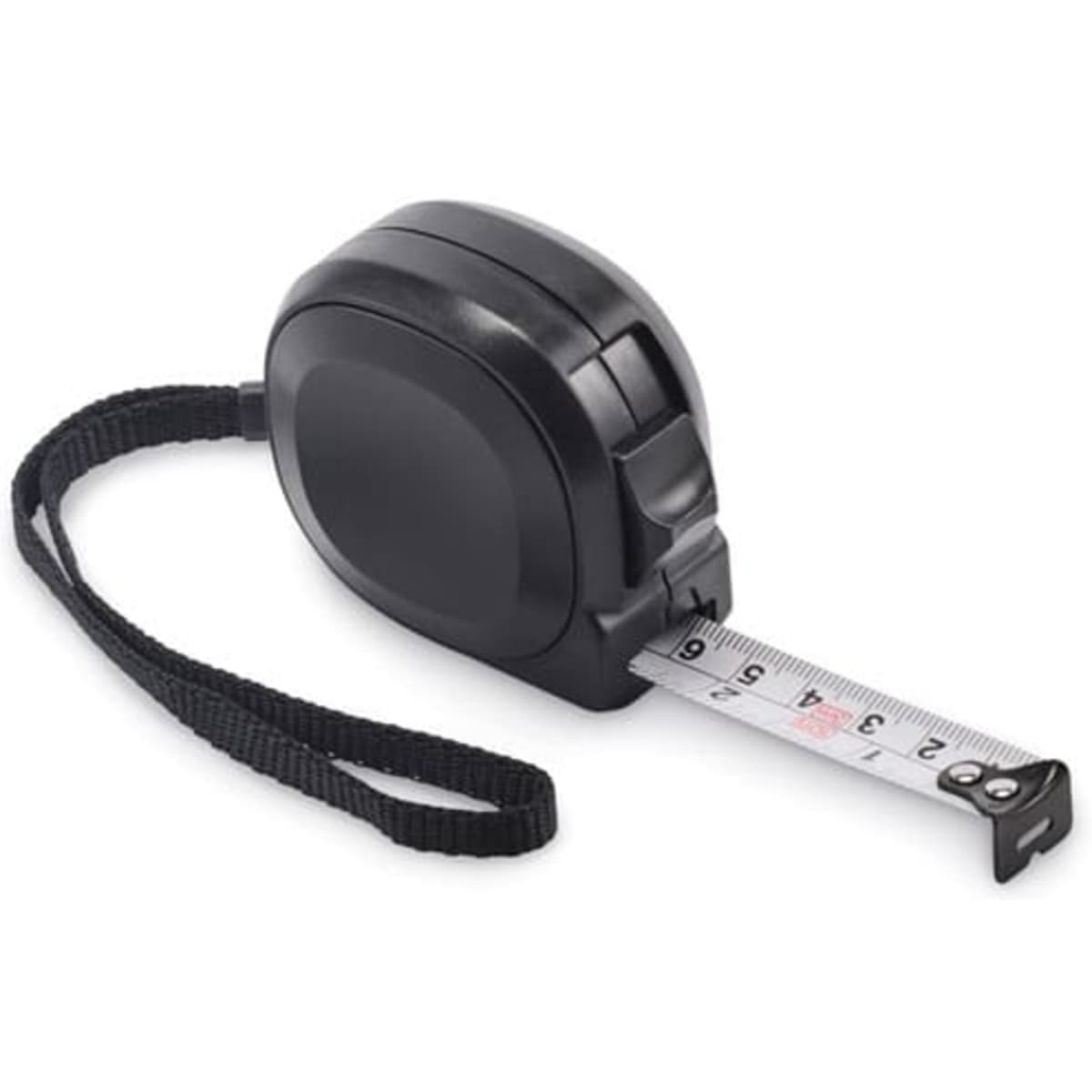 A black tape measure with a retractable measuring tape and a wrist strap.