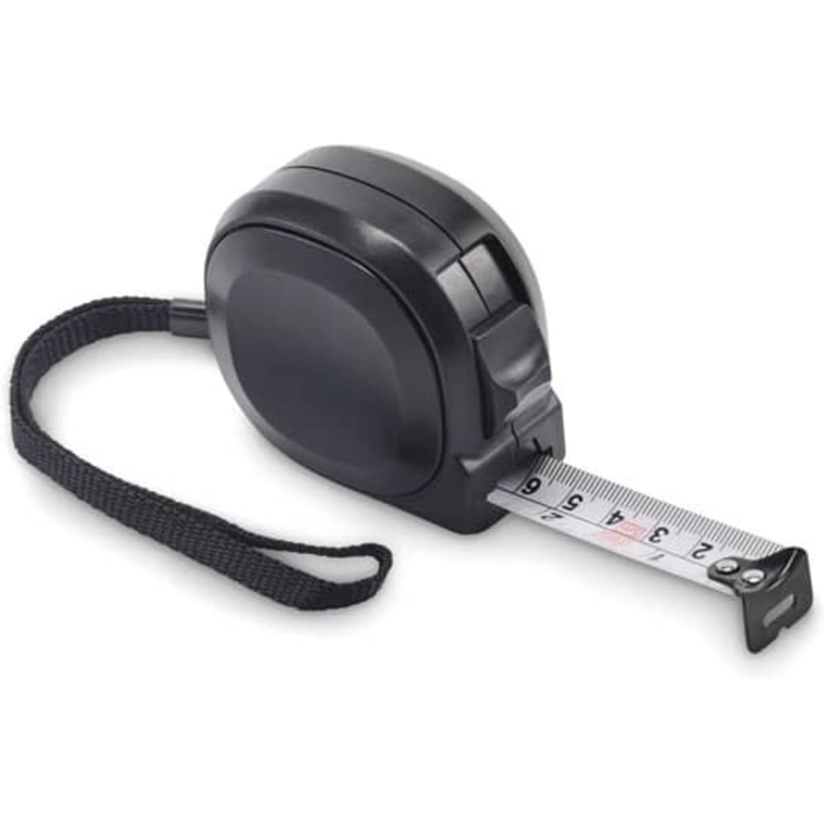 A black tape measure with a retractable metal tape and a measuring scale. It features a wrist strap for easy handling.