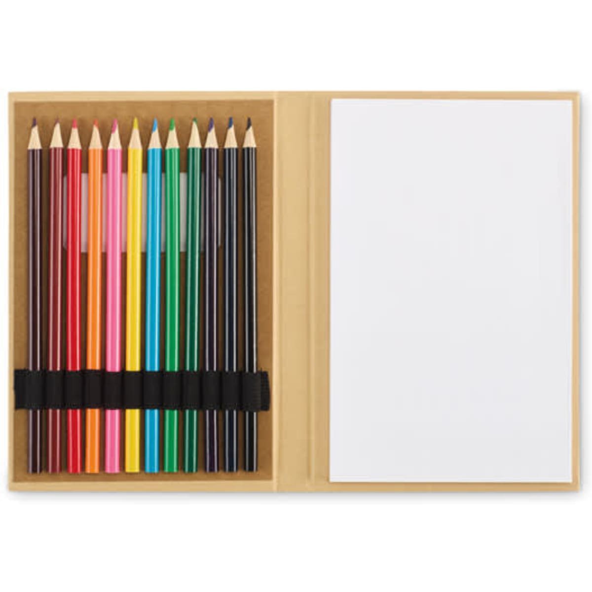 A stationery set featuring a selection of coloured pencils in various hues and a blank notepad in a brown case.