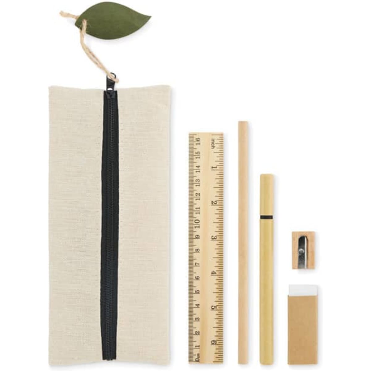 A pencil case in natural fabric with a leaf accent, containing a ruler, pencil, sharpener, and eraser.