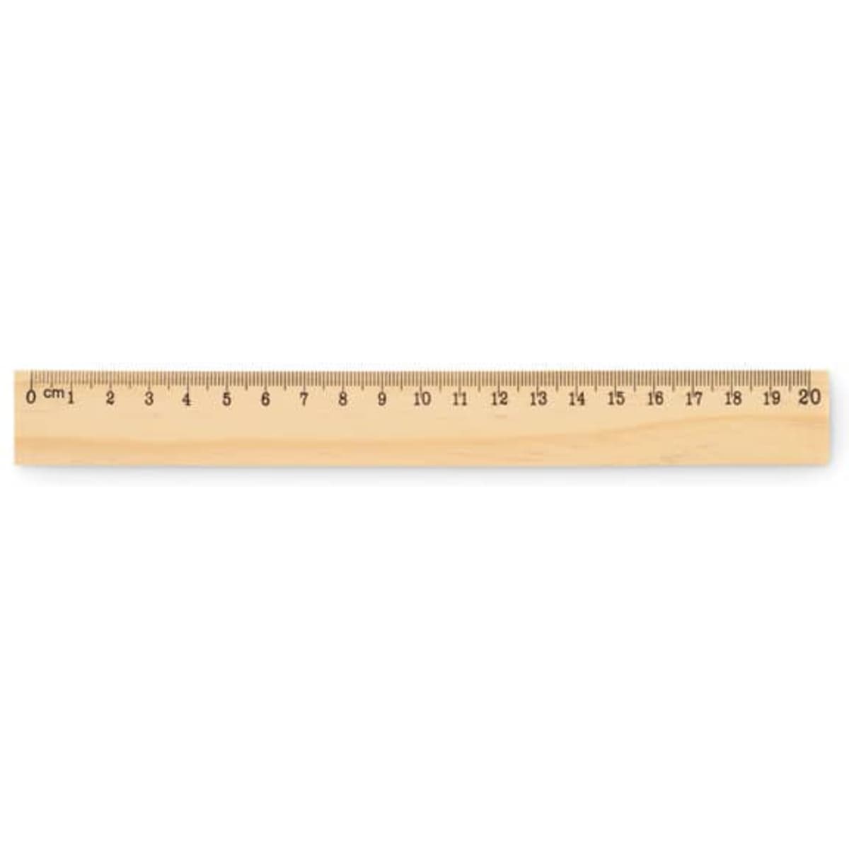 A wooden ruler with markings for centimetres and inches, featuring a light wood colour. It has a branding logo.