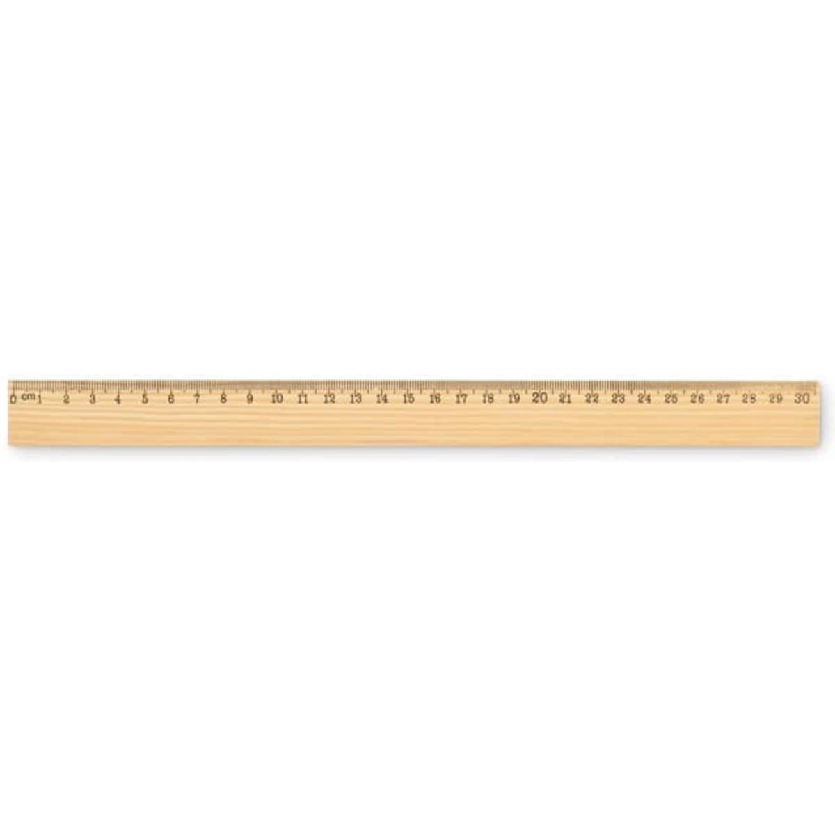 A ruler measuring 30 centimetres in length, made of light wood, with etched measurement markings.