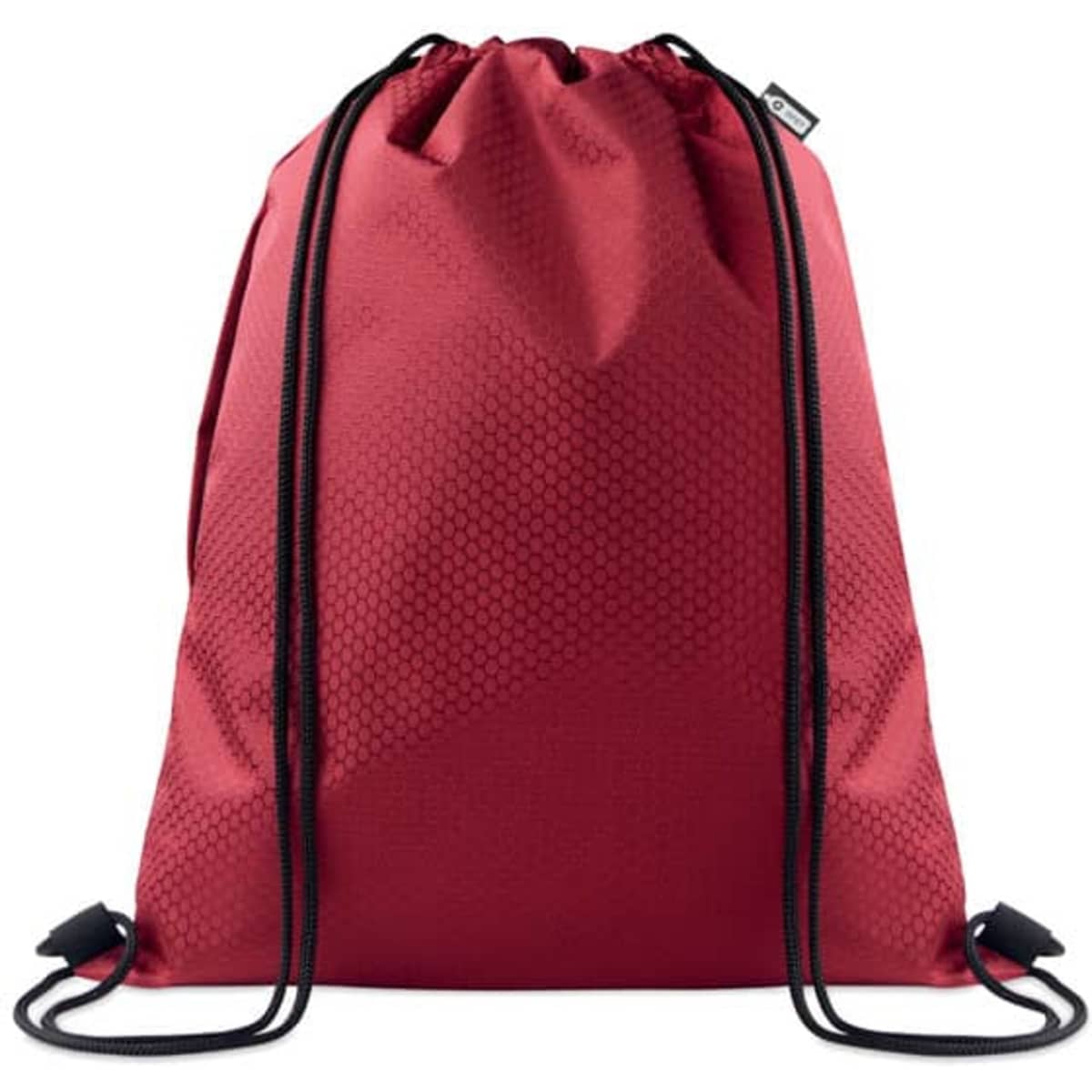 A drawstring backpack in a deep red colour with a textured surface and black cords. It has a logo on the side.