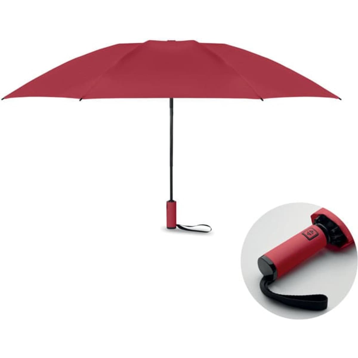 A red umbrella with a black handle, featuring a compact design for easy carry. It has a matching logo on the handle.