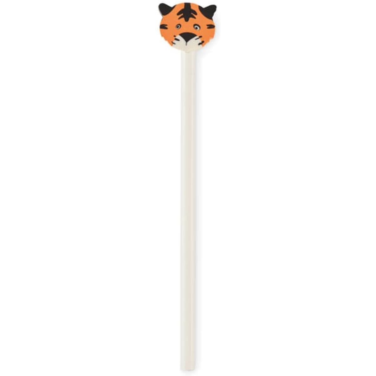 A drink stirrer featuring a tiger head design, with orange and black details on top and a white stick.