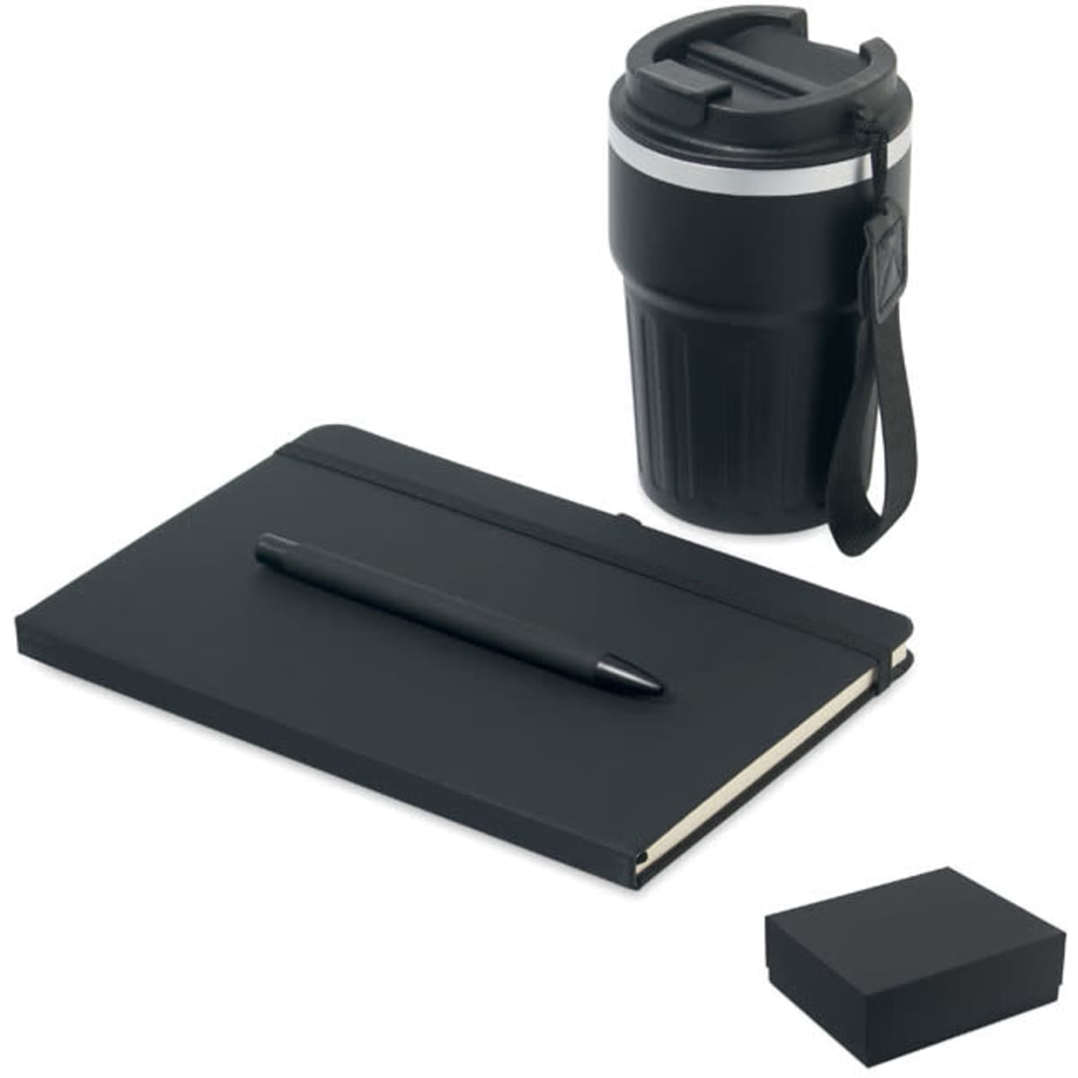 A black drink bottle, notebook with a pen, and a small box, all arranged together.