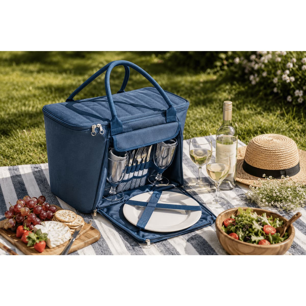 A picnic basket in navy blue with utensils, glasses, a plate, and food items set on a picnic blanket.