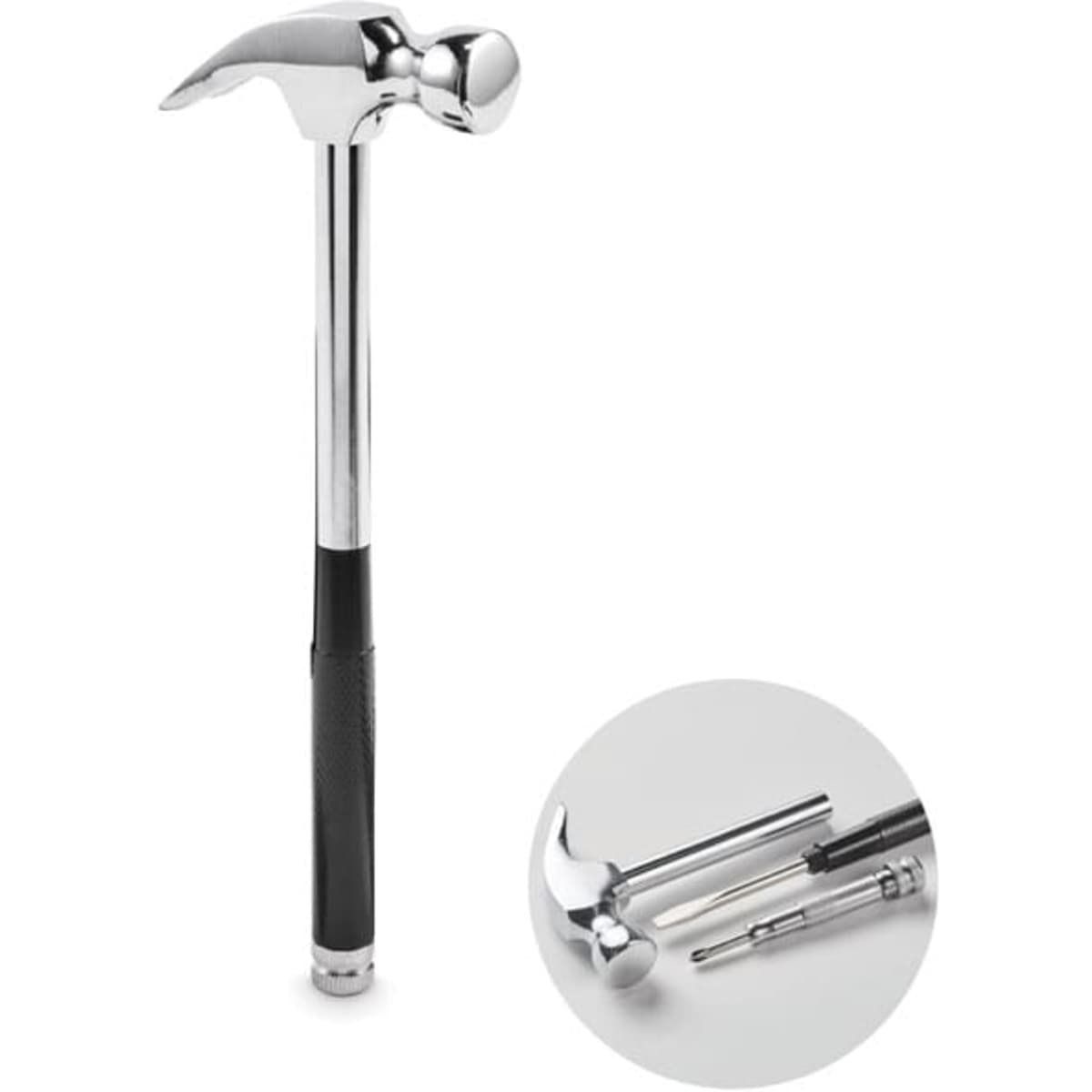 A hammer with a shiny chrome finish and a black rubber grip, accompanied by interchangeable screwdriver bits.