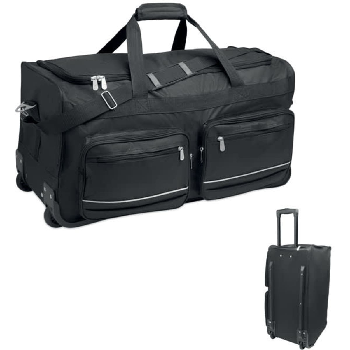 A black duffel bag with wheels, featuring multiple zippered pockets and a telescopic handle.
